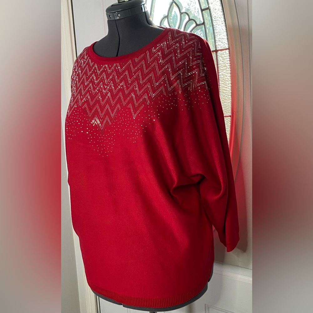 Ashley Stewart Red Barbados Silver Crystal EmbellSweater Size 14/16 NWT - Picture 3 of 7